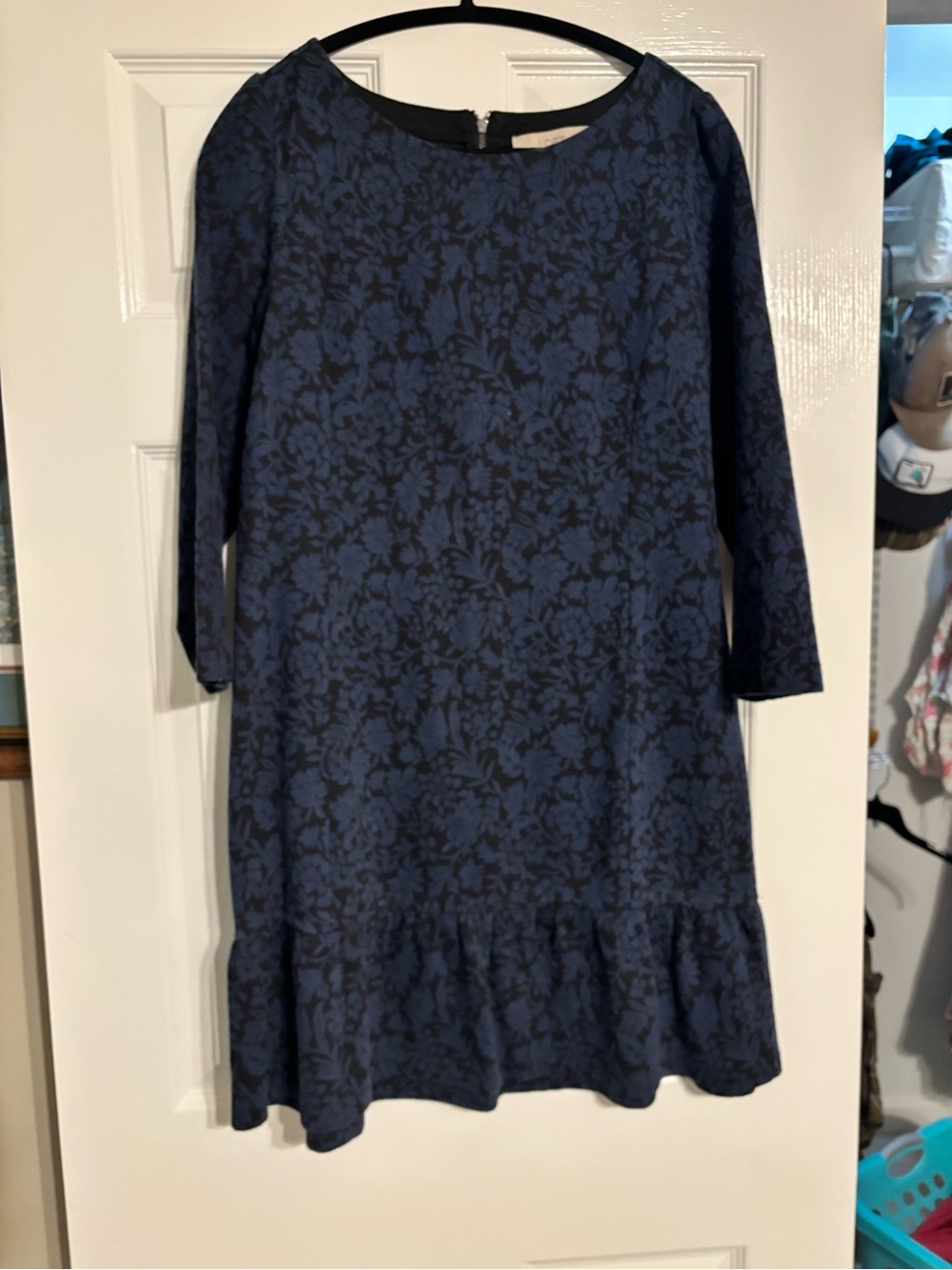 LOFT Navy Floral Jacquard Ruffle-Hem Dress